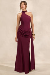 Aevina | Burgundy Satin Asymmetric-Neck Maxi Dress With Scarf-Detail