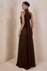 Cara | Brown Matte Satin High-Neck Maxi Dress