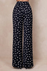 Seloria | Black & White Satin Polka Dot Wide-Leg Trouser
