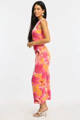 Orange Floral Bodycon Dress Sleeveless Mesh