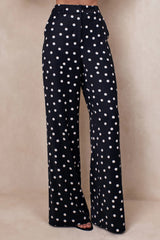 Seloria | Black & White Satin Polka Dot Wide-Leg Trouser