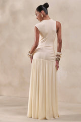 Myssara | Cream High-Neck Maxi Dress Gathered-Detailing