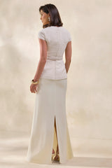 Whispera | Cream Crew-Neck Maxi Dress With Satin Skirt And Pocket-Details