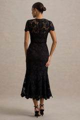 Clarissa | Black Lace Short-Sleeve Midi Dress