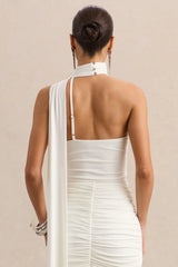 Jisella | White Asymmetric-Neck Thong Bodysuit With Scarf