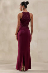 Anthelia | Burgundy Lace And Satin Racer-Neck Maxi Dress With Draped-Detail