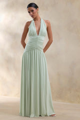 Bettina | Sage Plunge-Neck Maxi Dress With Gathered-Detailing