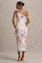 Nora | Peach And Lilac Floral Twisted Asymmetric Midi Dress