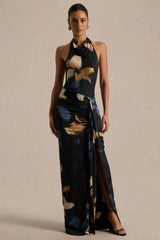 Sunflower | Dark Lily Print High-Neck Maxi Dress With Front-High Split