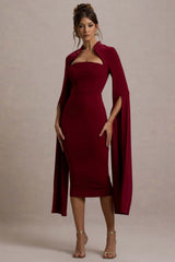 Linden | Burgundy Bodycon Cape-Sleeve Midi Dress