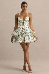 Flavia | Lemon Floral Print Plunge-Neck Ruffled Skater Micro-Mini Dress
