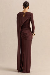 Orintha | Brown Slashed-Neck Maxi Dress With Cape And Gold-Detail