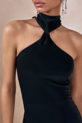 Bellora | Black Satin Halter-Neck Maxi Dress With Scarf-Detail