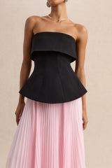 Stellara | Black & Pink Bandeau Corset Maxi Dress With Sheer Skirt