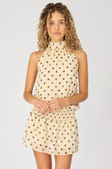 Beige Polka Dot High Neck Dress Mini Chiffon