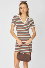 Multi Stripe Contrast Collar Short Sleeve Mini Dress