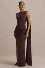 Premiere | Brown Boat-Neck Maxi Dress With Cape Sleeves And Open-Back