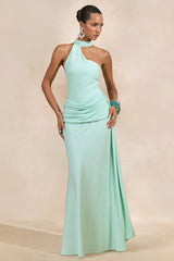 Aevina | Mint Satin Asymmetric-Neck Maxi Dress With Scarf-Detail
