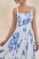Lissa | Blue Floral Print Square-Neck Midi Dress