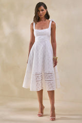 Veralia | White Broderie Square-Neck Midi-Dress With Bow-Sleeves