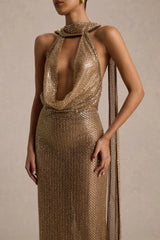 Anele | Gold Sequin High-Neck Sheer Maxi Dress With Sash And Open-Back