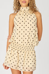 Beige Polka Dot High Neck Dress Mini Chiffon
