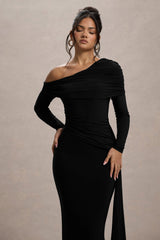 Valina | Black Ruched Asymmetric Maxi Dress With Drape