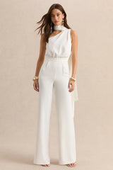Gliselle | White Asymmetric-Neck Jumpsuit With Scarf-Detail