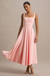Parina | Pink Strappy Volume-Hem Midi Dress