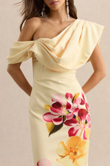 Adrina | Hot Pink & Lemon Floral Print Draped One Shoulder Midi Dress