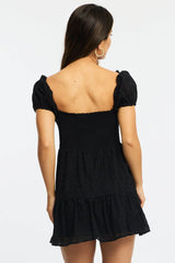 Black Fit And Flare Dress Puff Sleeve Eyelet Fabric