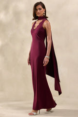 True Icon | Burgundy Satin High-Neck Maxi Slip Dress With Sash