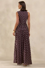 Kelis | Brown Polka-Dot High-Neck Maxi Dress With Draped Detailing