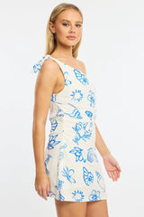 Blue Abstract Bodycon Dress Tie Up Shoulder