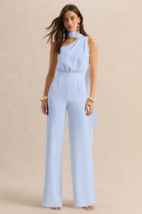 Gliselle | Powder Blue Asymmetric-Neck Jumpsuit With Scarf-Detail