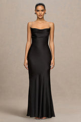 Maelia | Black Satin Cowl-Neck Maxi Dress With Diamante Straps