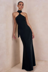 Bellora | Black Satin Halter-Neck Maxi Dress With Scarf-Detail