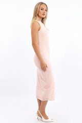 Pink Bodycon Dress Round Neck Sleeveless Burnout