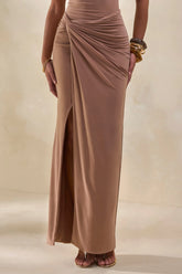 Idris | Brown Twisted Waist Maxi Skirt With Front Split