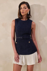 Anise | Navy Crew-Neck Belted Mini-Dress With White Pleated-Hem