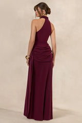 Aevina | Burgundy Satin Asymmetric-Neck Maxi Dress With Scarf-Detail