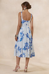 Lissa | Blue Floral Print Square-Neck Midi Dress
