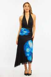 Blue Floral Halter Neck Midi Dress