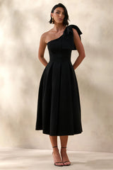 Meria | Black Asymmetric-Neck Midi Dress With Bow-Sleeve