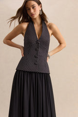 Zarina | Black & White Polka-Dot Plunge-Neck Maxi Dress