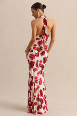 Flossie | Cream And Pink Floral Print Plunge-Neck Maxi Dress