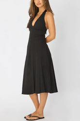 Black Midi Dress Deep V-neck