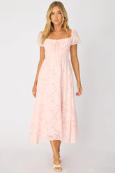Pink Midi Dress Puff Sleeve