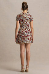 Eira | Red Floral Embellished Sequin Crew-Neck Mini Dress