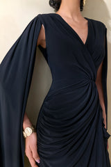 Ulissia | Black V-Neck Maxi Dress With Cape-Sleeves